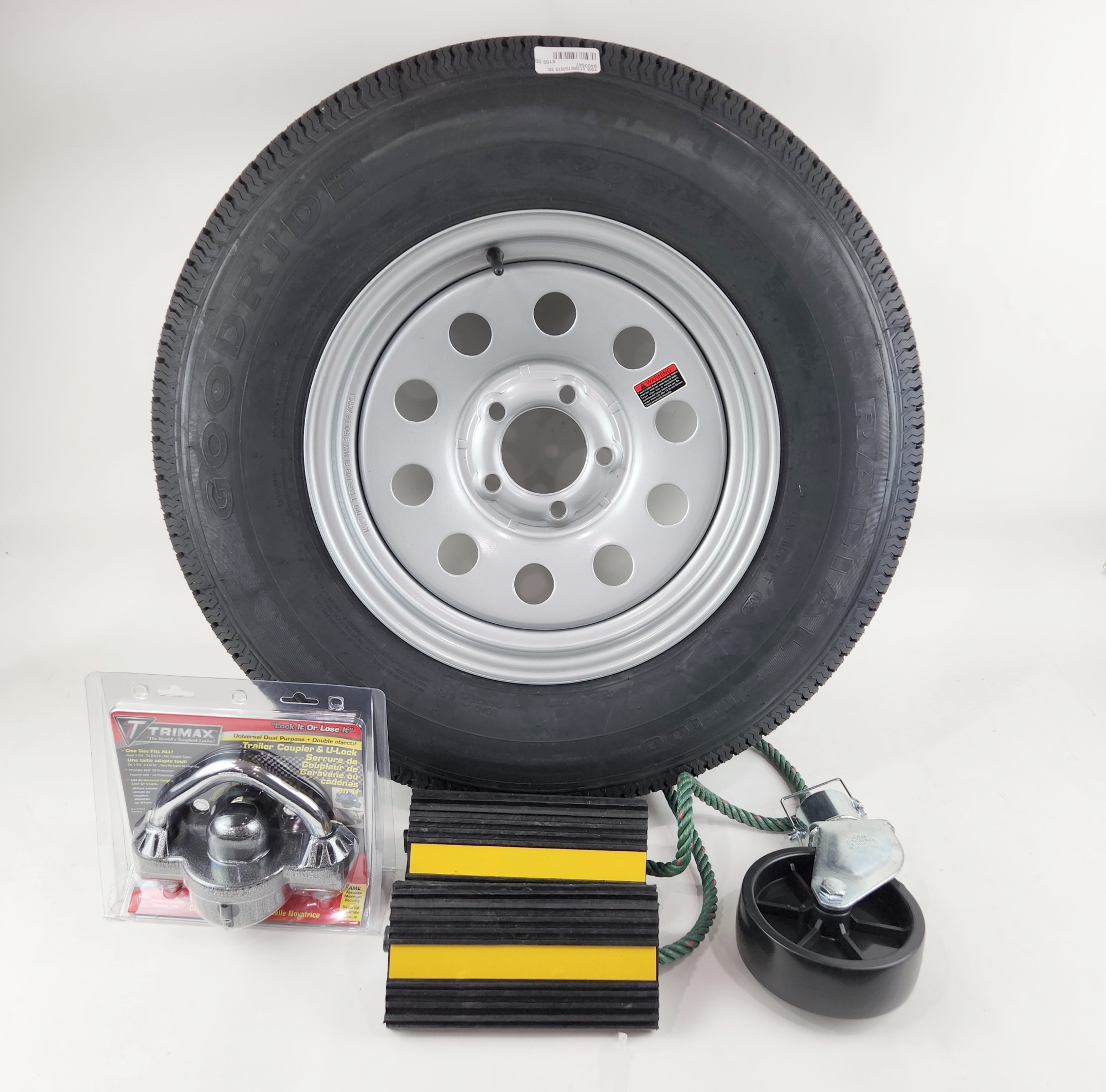 Special Accessory Kit for Steel Utility Trailers - Spare Tire, Wheel Chocks, Coupler Lock and Caster Wheel